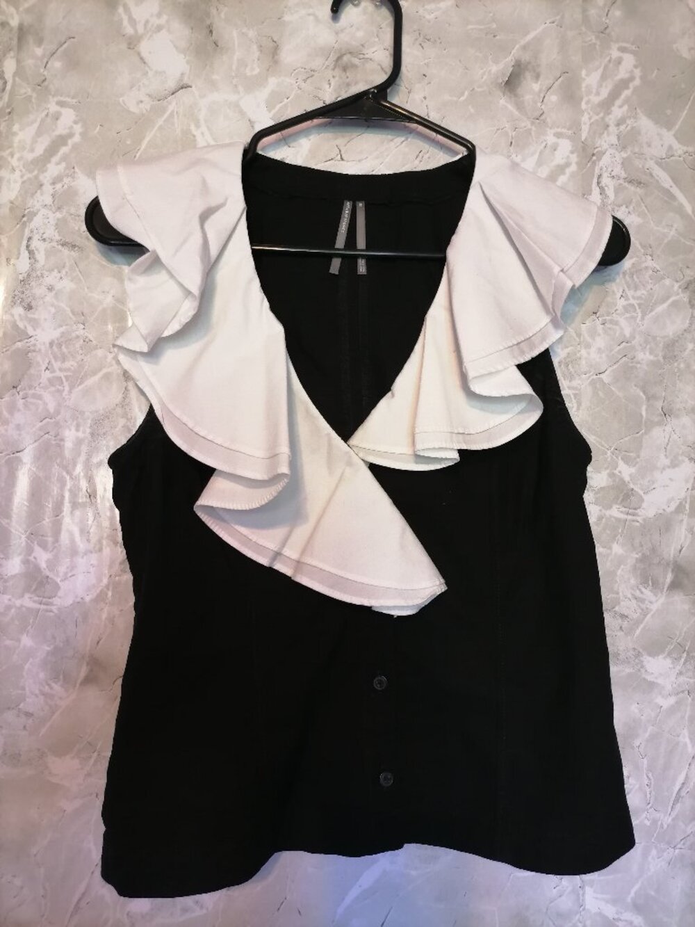 Maeve Anthropologie Button-Front White Ruffle Black Vest XS